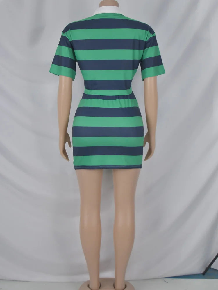 Beyprern Stylish Green Blue Striped Polo Skirt Set Two-Piece Dress For Women Short Sleeve Striped Tracksuits Set Night Clubwear