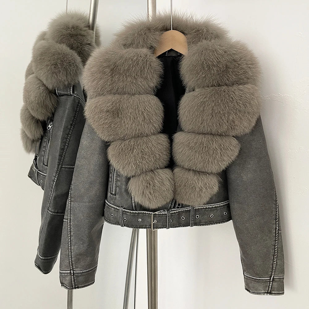 OFTBUY Natural Fox Fur Faux Leather Jacket Female New Autumn Short Top Clothing Women Long Sleeve Fake Leather Real Fur Coat