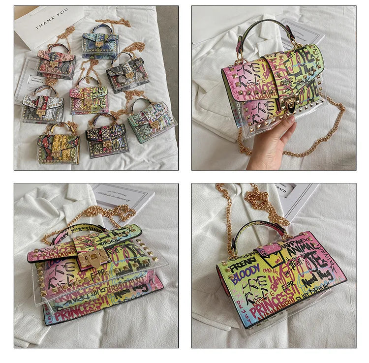 Marke Frauen Nieten Graffiti Umhängetaschen Mode Schultertasche für Damen Weibliche Luxus Designer Handtaschen 2023 Hohe Qualität
