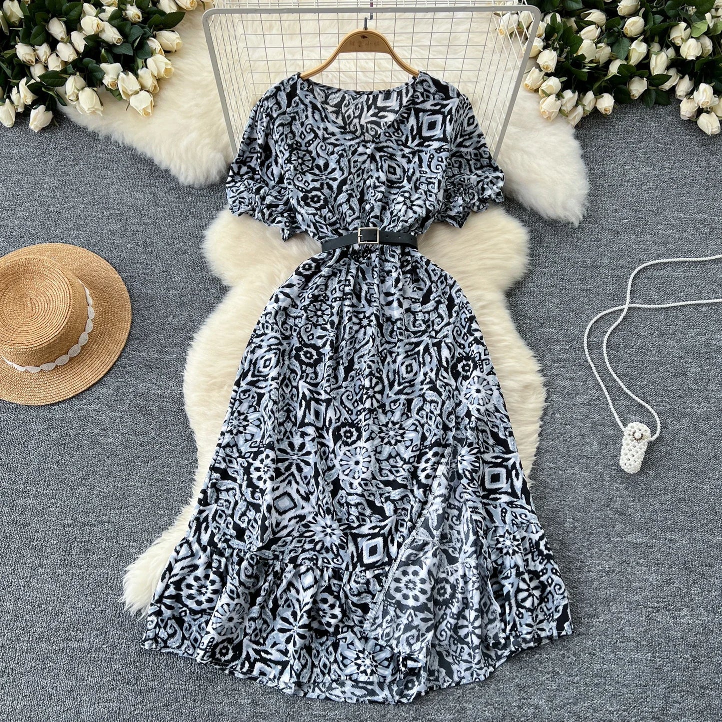 Sommer Plissiert Damen Knopfkleider Lässige Strandurlaub Kurzarm V-Ausschnitt Damen Midikleid Böhmische Mujer Vestidos