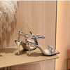 Summer One-word Rhinestone Square Head Sandals Women's Stiletto Open-toed Crystal Gemstone High Heels