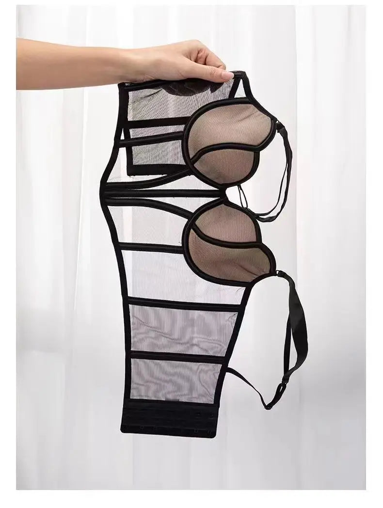 French Ladies Transparent Mesh Corset Sexy Shaper Thin Bra Set Night Club Sweet Cropped Top Girls Hot Bra and Panties Bralette