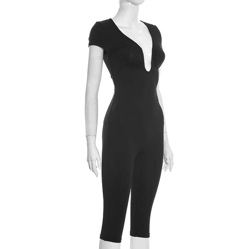 Solid Color Sexy Slim Fit and Slimming Chest U-Neck Jumpsuit, Versatile and Fashionable Jumpsuit Cropped Pants