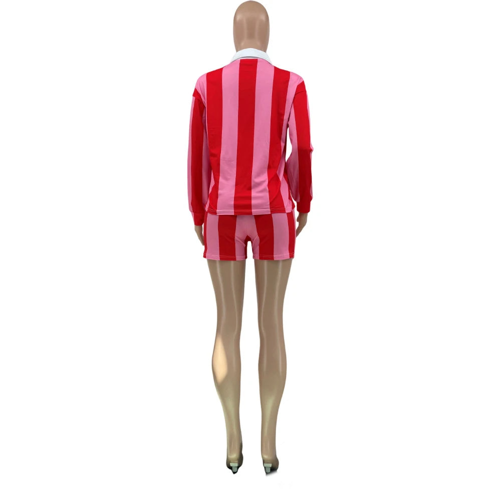 Damenbekleidung Mode Gestreifte Sets Langarm Rollkragen T-Shirt und Shorts 2025 Frühling Sommer 2 Zweiteiliger Anzug Trainingsanzug