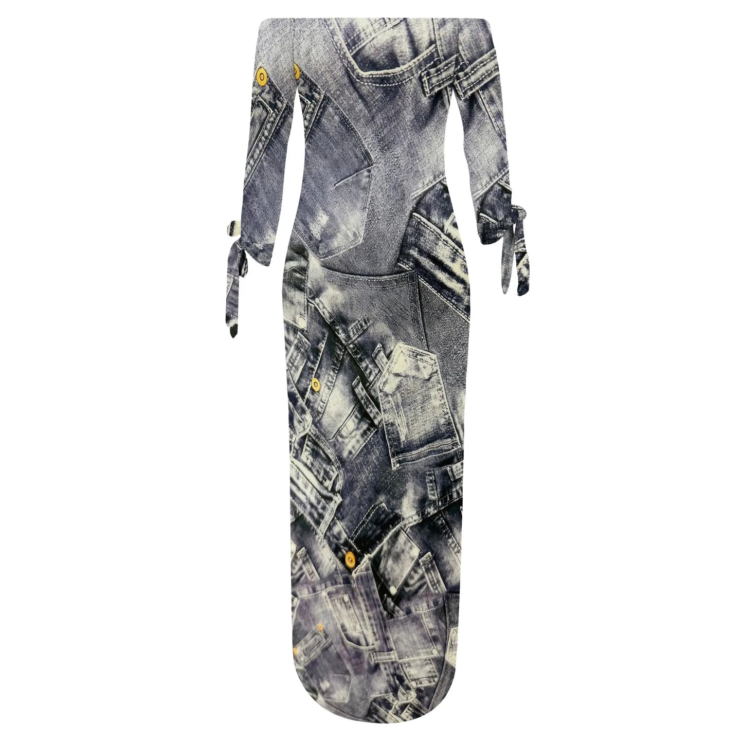 Denim Retro Print Long Sleeve Slim Fit Elegant Casual Slit One-Shoulder Neck Dress