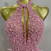 Women Luxury Rhinestones Pearls Feathers Halter Backless Short Dress Women Sexy Celebrate Birthday Dress Nightclub Stage Costume