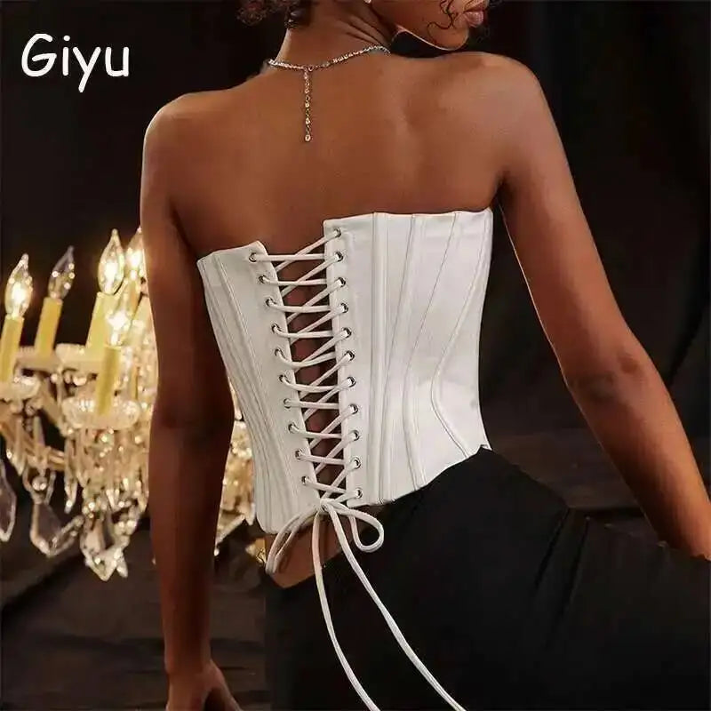 Giyu Sexy Camis Bandage Lace Up Corset Crop Tops Women 2025 Summer Elegant White Camisole Off Shoulder Backless Blusas Femme