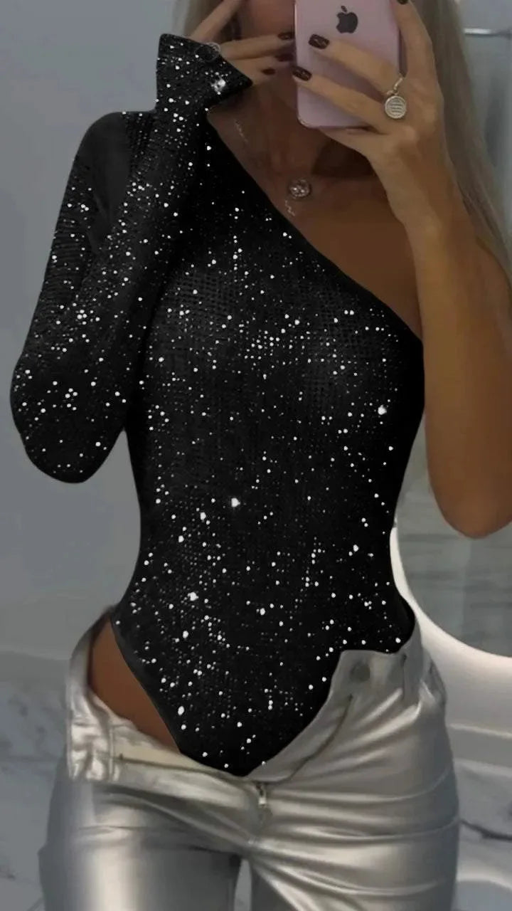 2025 Spice Girls Sexy Pailletten-Top, One-Shoulder, eng anliegend, mit Strasssteinen, einfarbig, Silber, einteilig, Mode, Party, Nachtclub, Sommer-Top