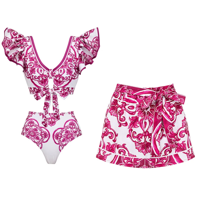 Flaxmaker Long Sleeves Majolica Series Pattern Print One Piece Swimsuit Biquini Beachwear Women Sexy Bikini Sets Swimsuit