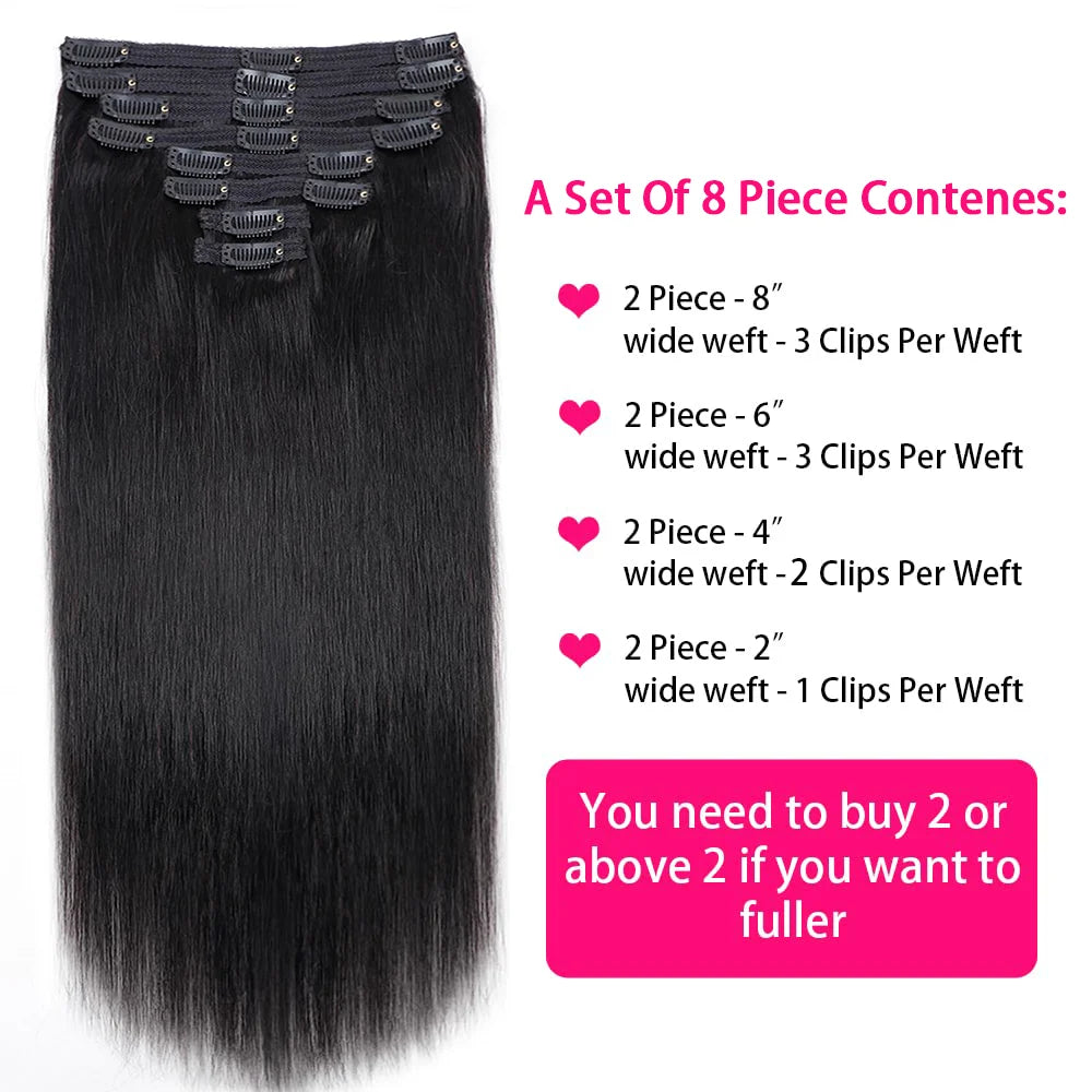 Seamless Clip ins Extensions Human Hair Straight Brazilian Remy Real Natural Hair 8Pcs 120G/Set Clip on Human Hair Extensions