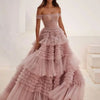 Cathy Elegant Off Shoulder Tulle Prom Dress 2024 Multilayer Mesh Sleeveless Ball Gown Vestidos De Fiesta Long Train Party Dress