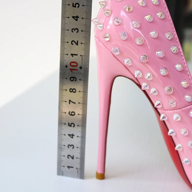 Pink studded high heels, fashionable, ultra shallow mouth, pointed toe, thin heel, hate sky, high punk style, 12CM