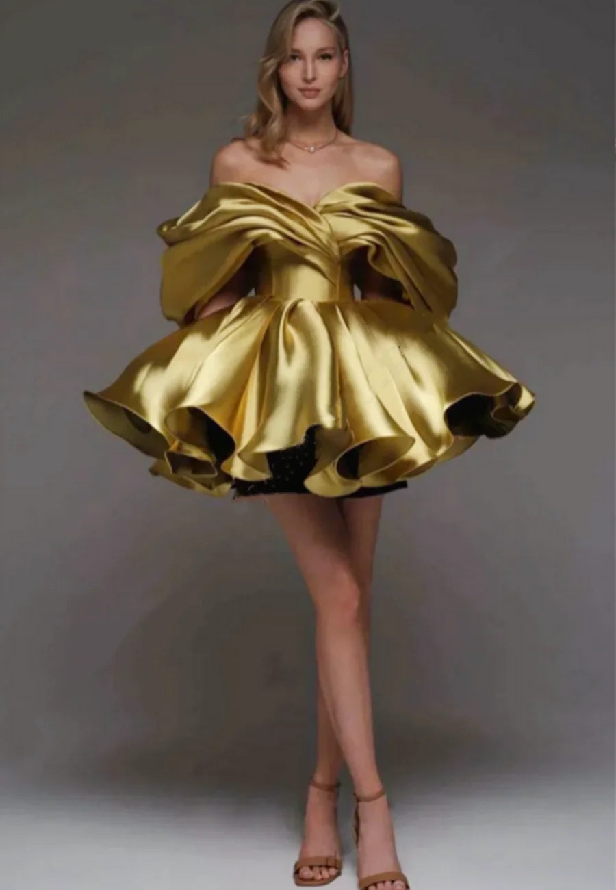 Luxury A-line Formal Occasion Party Dresses Satin Vestido Off the Shoulder Evening Prom Gowns Draped Corset Back Mini