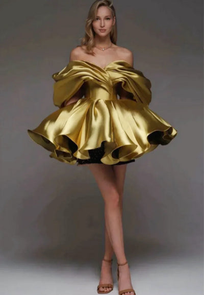 Luxury A-line Formal Occasion Party Dresses Satin Vestido Off the Shoulder Evening Prom Gowns Draped Corset Back Mini