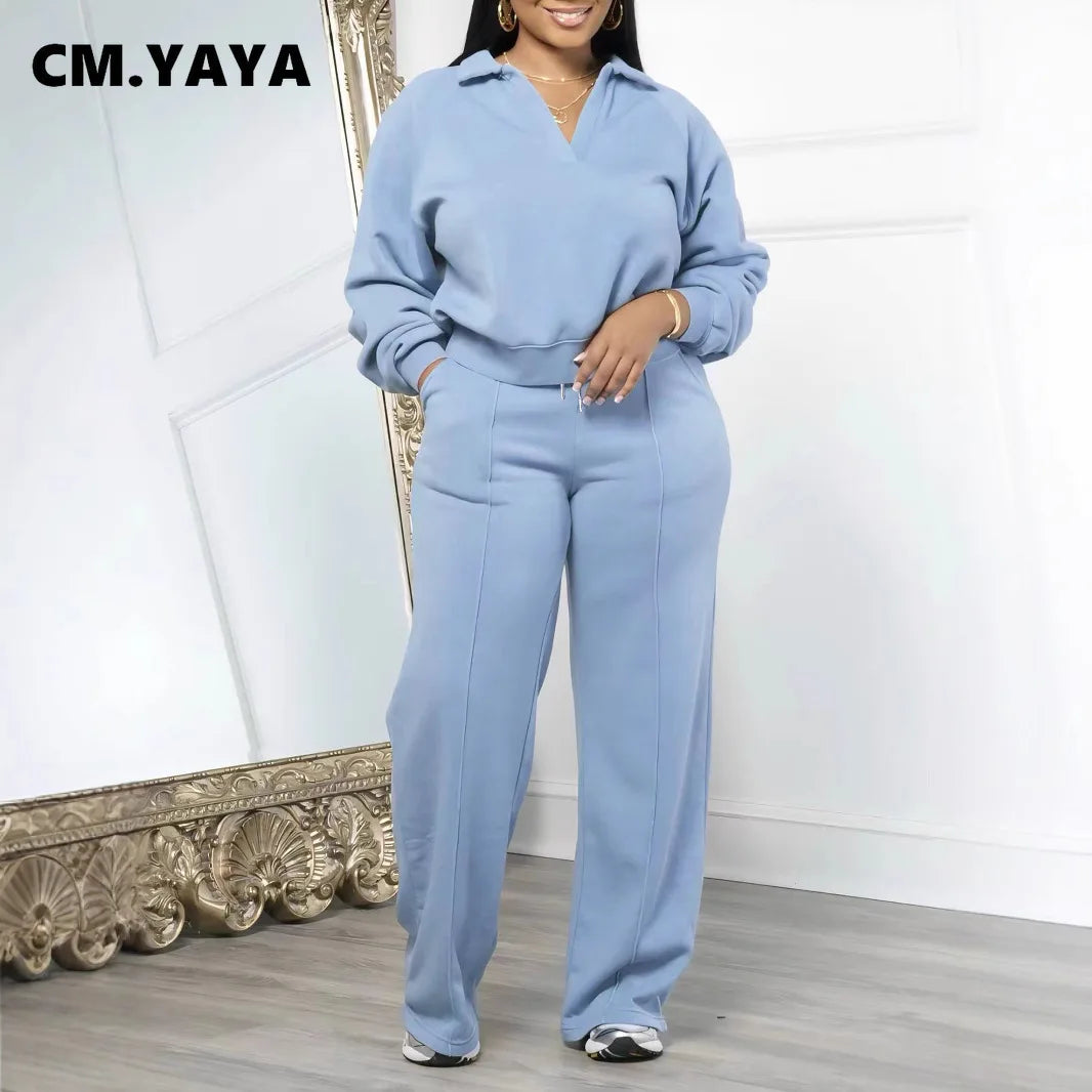 CM.YAYA Fashion Striped Women's Set V-neck Long Sleeve Sweatshirt and SweatPants Tracksuit 2025 Winter Two 2 Piece Set Outfit