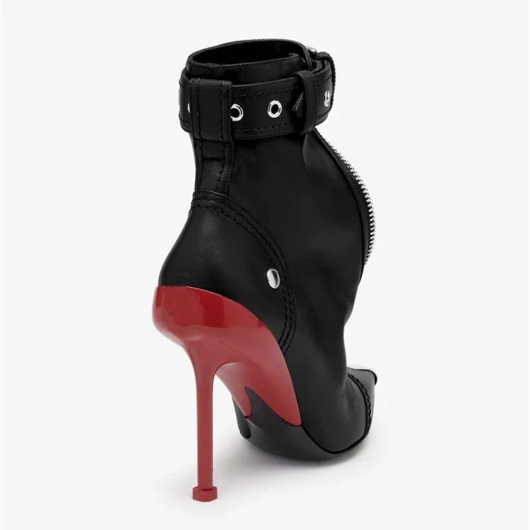 Gürtelschnalle Reißverschluss vorne Modenschau Stiefeletten Damen Herbst Winter Neu Spitz Metallverzierung Rote High Heels Ankle Boots
