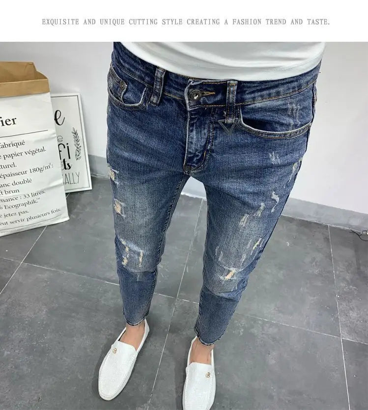Men's Korean Style Classic Jeans 2023 New Blue Ripped Jeans for Men Fashion Trendy Summer Skinny Ripped Hole Cargo Trousers