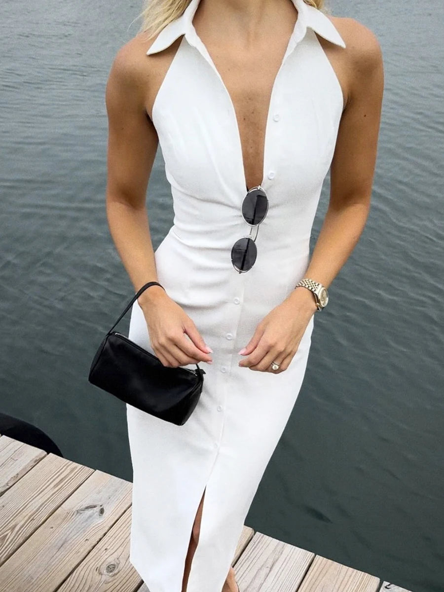 Bornladies Summer Sleeveless Single Breasted Dress Fashionable Ladies Slim Fit Collar Solid Color Long Dresses Women's Clothing