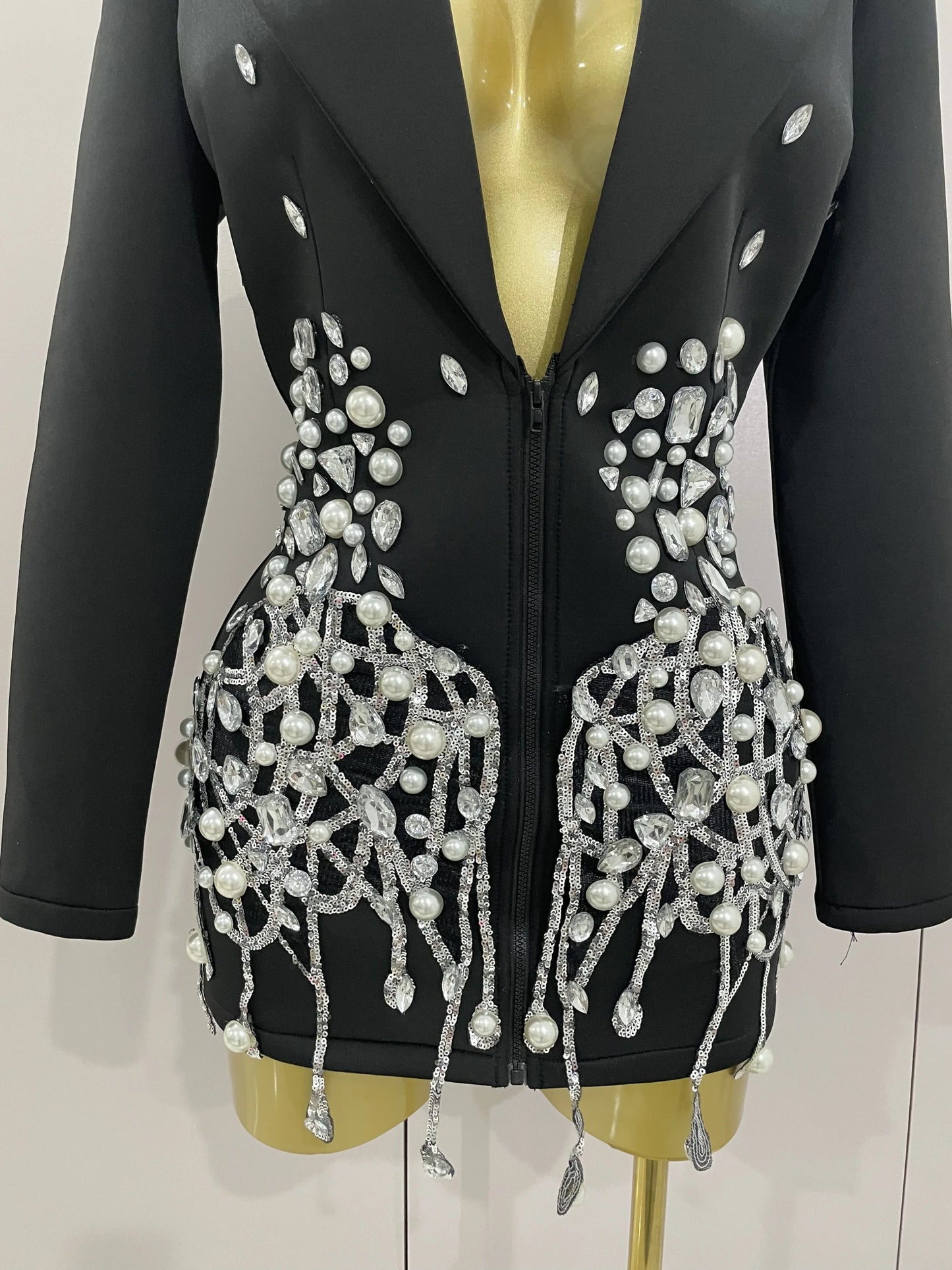 Glitzernde Kristallketten Perlen Langarm Minikleid 2025 Damen Geburtstag Abendparty Nachtclub Outfit Sängerin Hochzeitskostüm