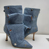2025 Klassische Damenstiefel mit spitzer Zehe, ausgefallenen Absätzen, Nietenknopf und seitlichem Reißverschluss, einfarbig, hochhackige Schuhe, Botas Altas