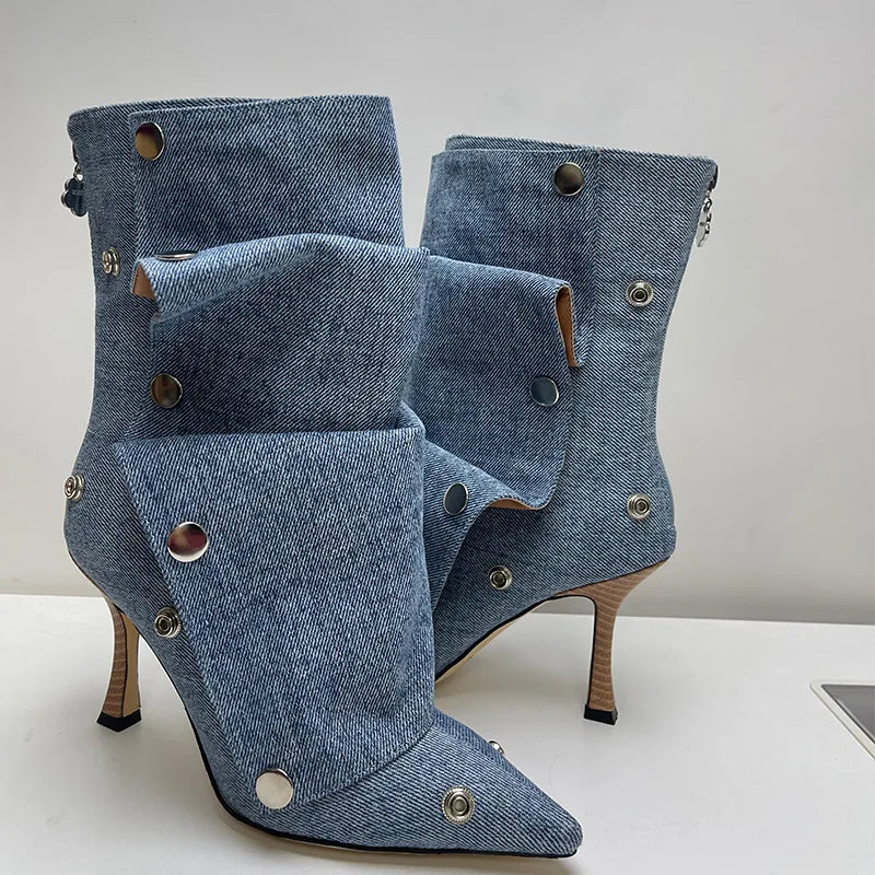 2025 Klassische Damenstiefel mit spitzer Zehe, ausgefallenen Absätzen, Nietenknopf und seitlichem Reißverschluss, einfarbig, hochhackige Schuhe, Botas Altas
