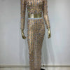 Festival-Outfit Damen High-End-Mode Nude-farbenes Strass-Mesh-Langarm-Crop-Top mit Rundhalsausschnitt und lange Röcke Gala zweiteiliges Set