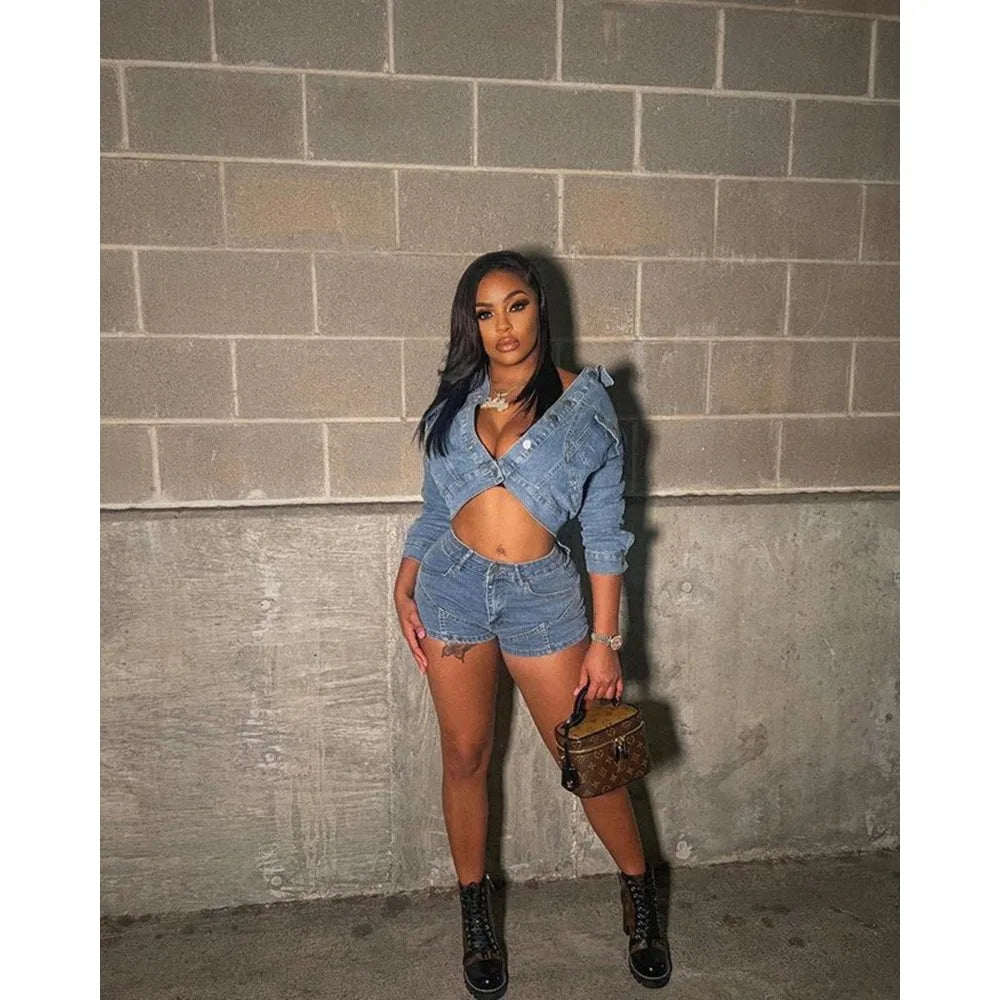 Autumn Outfits for Women 2024 Denim Jacket Shorts Two Piece Sets Streetwear Diamonds Distressed Short Pants Buttons Coat Suit
