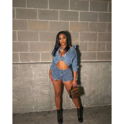 Autumn Outfits for Women 2024 Denim Jacket Shorts Two Piece Sets Streetwear Diamonds Distressed Short Pants Buttons Coat Suit