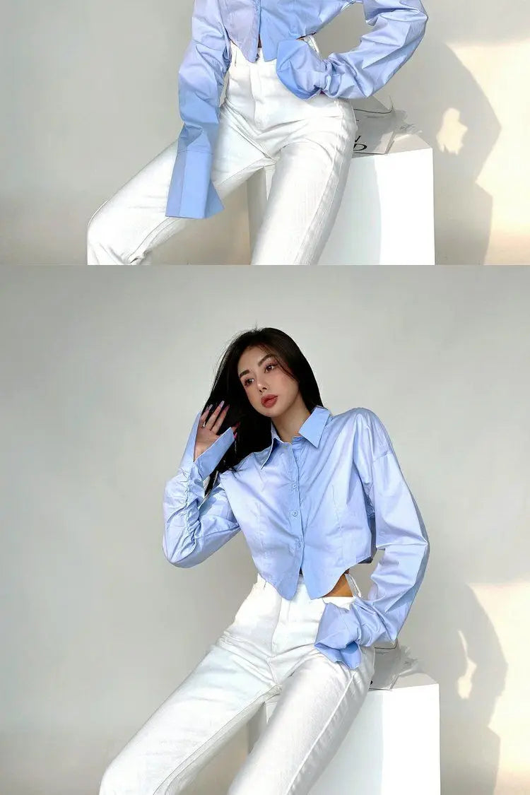 Zadily 2025 Summer Korean Style Long Sleeve White Shirt Women Sexy Button Ladies Crop Tops Blouse Street New In Female Clothing