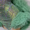 Women Sexy Strapless Backless Green Diamonds Mesh Dress Birthday Party Costume Bar Nightclub Singer Stage Performance Outfit