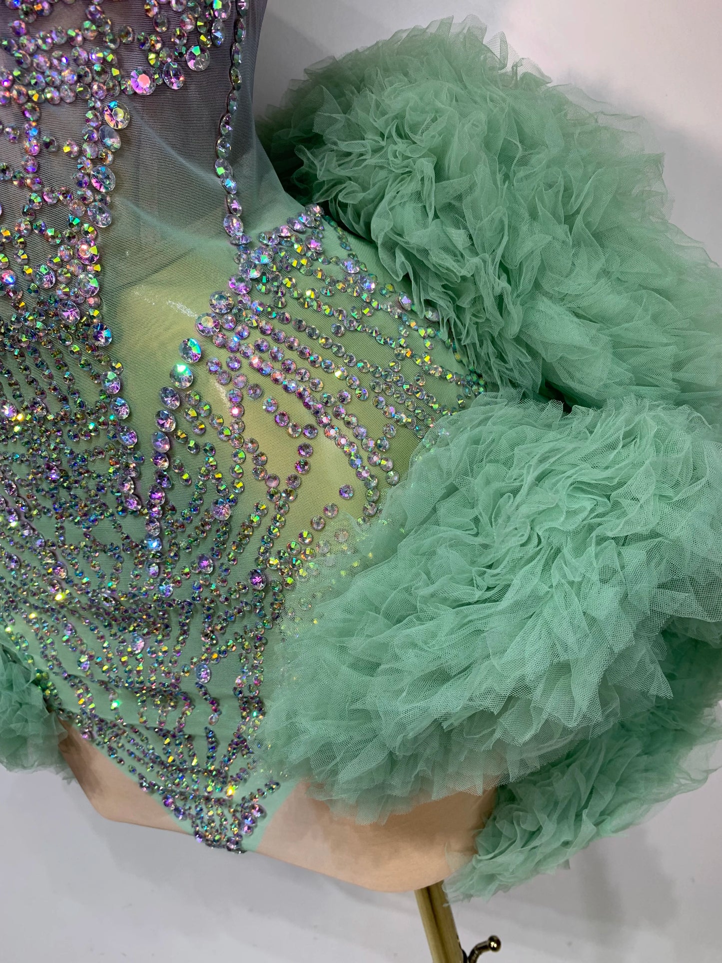 Women Sexy Strapless Backless Green Diamonds Mesh Dress Birthday Party Costume Bar Nightclub Singer Stage Performance Outfit