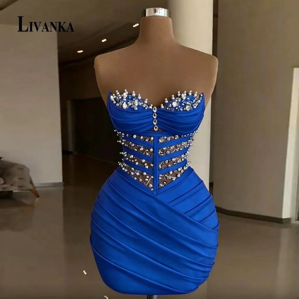 LIVANKA  Fashionable Sheath Homecoming Dresses For Women Pearls Pleat Ruched Satin Vestidos De Festa Customized Plus Size