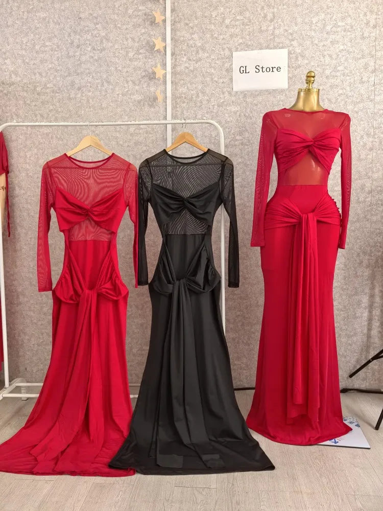 CM.YAYA Women Mesh See Though Long Sleeve Maxi Bowknot Long Dress 2025 Evening Sexy Club Party Evening High Street Dresses