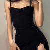 Sexy Sommer Minikleid Damen Neue Schwarze Mode Streetwear Ärmellos Rückenfrei Falten Split Kleid Elegantes Party Spaghetti-Träger A-Linien-Kleid