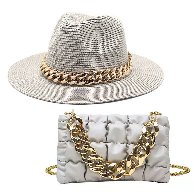 Set Straw Hat and Bag Set Gold Chain Bag Hat Set Ladies Leather Bag Tote Church Fedora Party Jazz Straw Hat