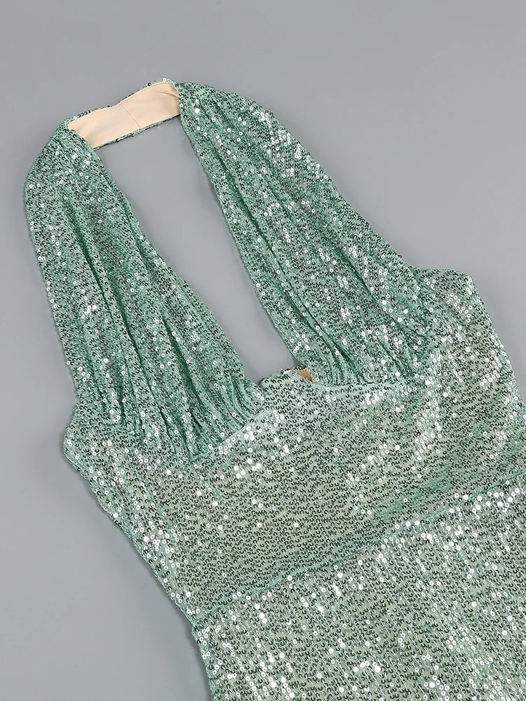 Sexy Neckholder Maxikleid mit tiefem V-Ausschnitt, Pailletten, Damen, Grün, Ärmellos, Rückenfrei, Pailletten, Schlankes langes Kleid, Celebrity Partykleider