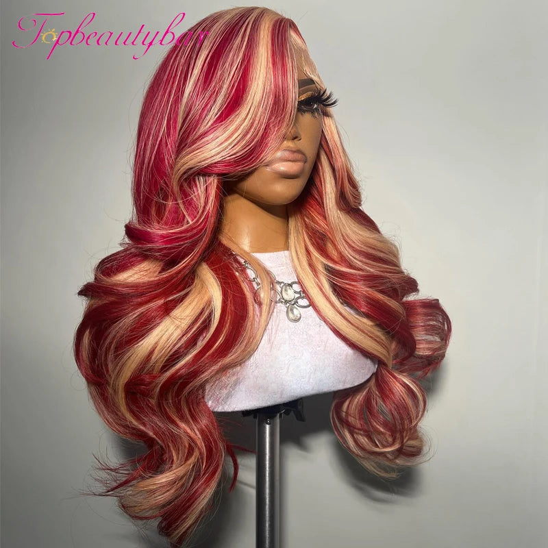 Rot und Blond Farbe Peruanische 13X4 Lace Front Echthaarperücken für Frauen Pre-Plucked 180% Remy Wavy Rot Highlight Farbe Perücken