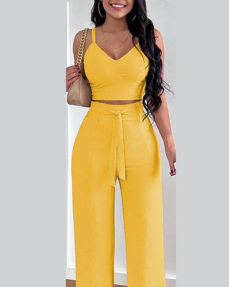 Women Fashion Print Halter V-Neck Short Tank Suit Tops Long Pants Matching Set Summer Casual Female Slim Pants Two Piece Sets