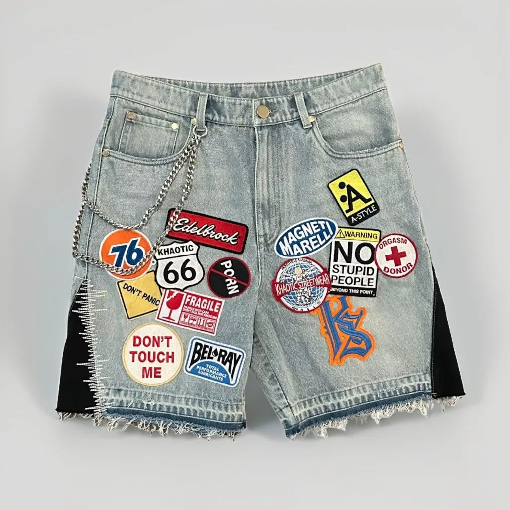Retro Blaue Streetwear Patchwork Denim Shorts Y2K Jeans Herren Damen Hip Hop Cartoon Grafiken Lose Camo Denim Fitness Freizeit Shorts
