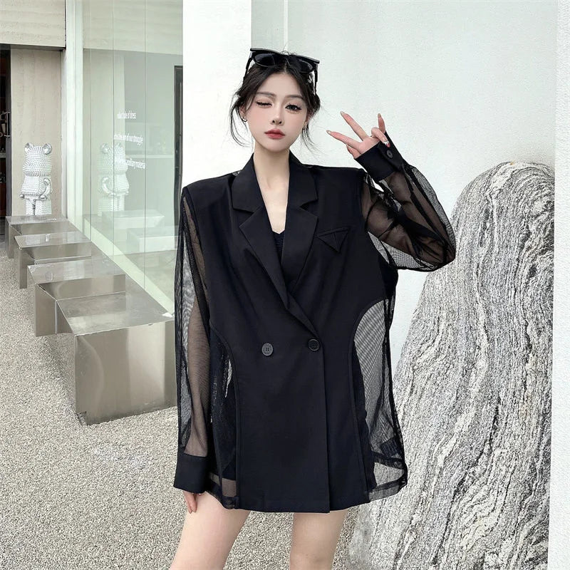 Fashion Hollow Out Mesh Patchwork Blazer for Women Y2K Korean Chic Net Long Sleeves Loose Black Coat Gothic Casual Suit Jacket