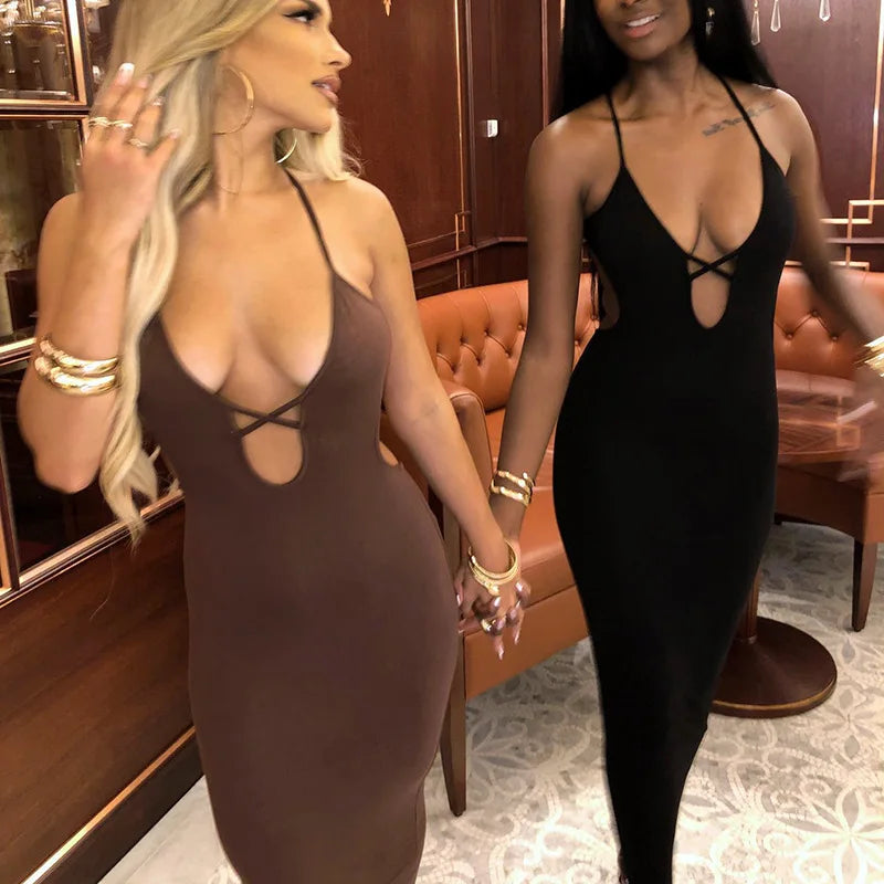 European and American women's summer strappy sexy buttocks tight solid color dress
