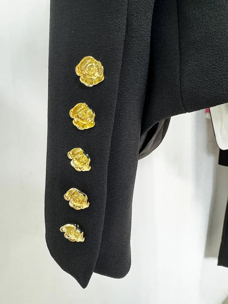 2024 New Blocked Metal Rose Button Slim Black Suit Jacket Festival Outfit Women Party Business Blazer
