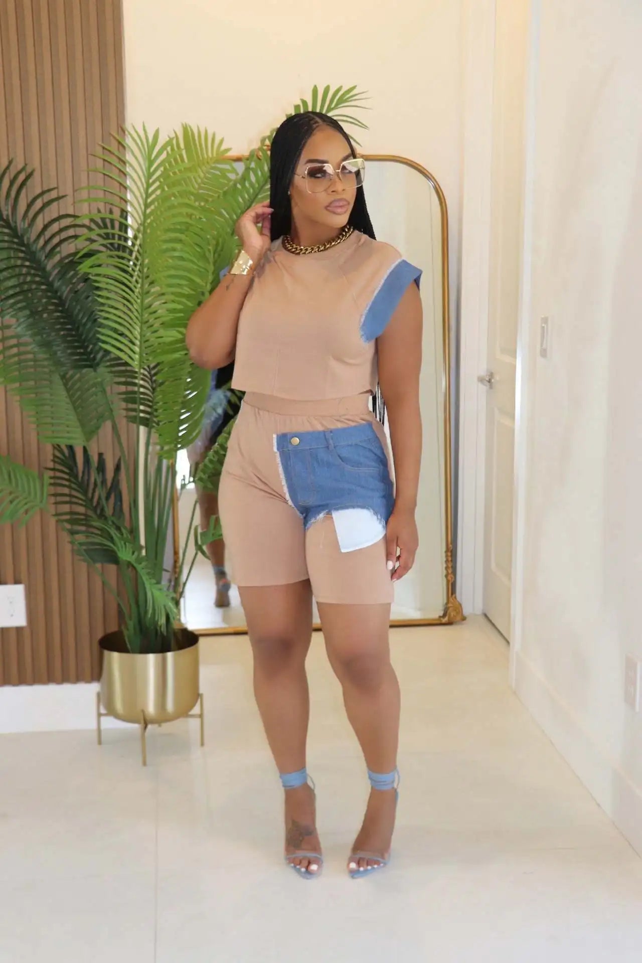 CM.YAYA Fashion Denim Patchwork Women's Set Sleeveless T-shirt and Shorts 2025 Active Street Two 2 Piece Sets Outfits Tracksuit