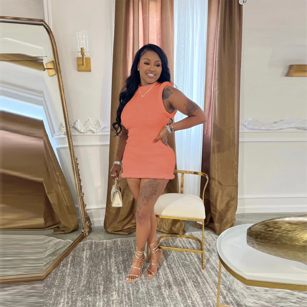 Joskaa Elegant Solid Stand Collar Sleeveless Bodycon Irregular Mini Dress for Women 2024 Summer Evening Birthday Party Clubwear