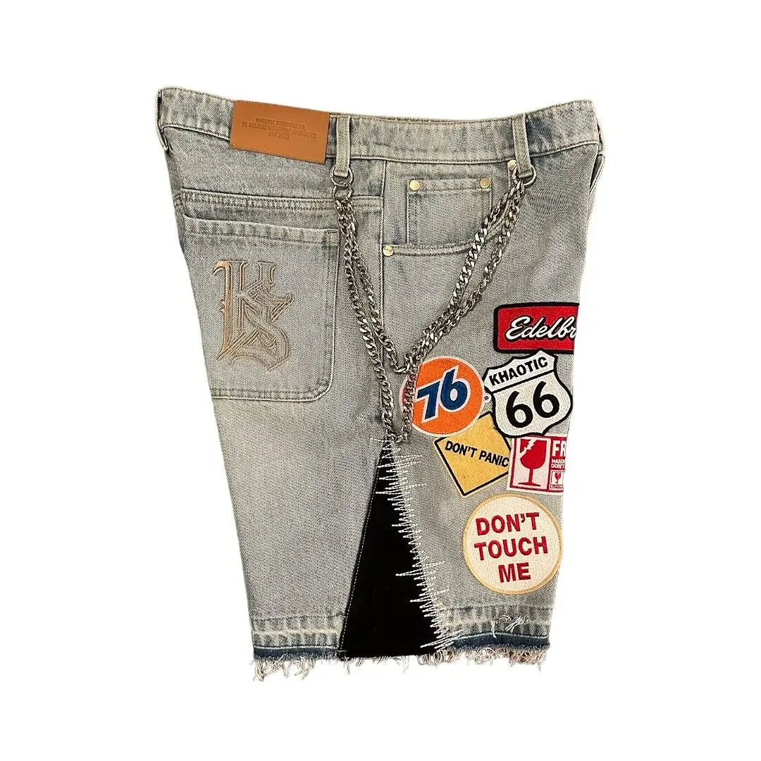 Retro Blaue Streetwear Patchwork Denim Shorts Y2K Jeans Herren Damen Hip Hop Cartoon Grafiken Lose Camo Denim Fitness Freizeit Shorts