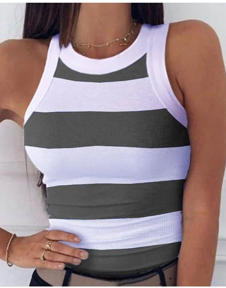 Summer Basic Elastic Tank Top Digital Printing T-shirt Women's O Neck Racerback Sexy Tank Top Stripe Print Sleeveless Tank Top