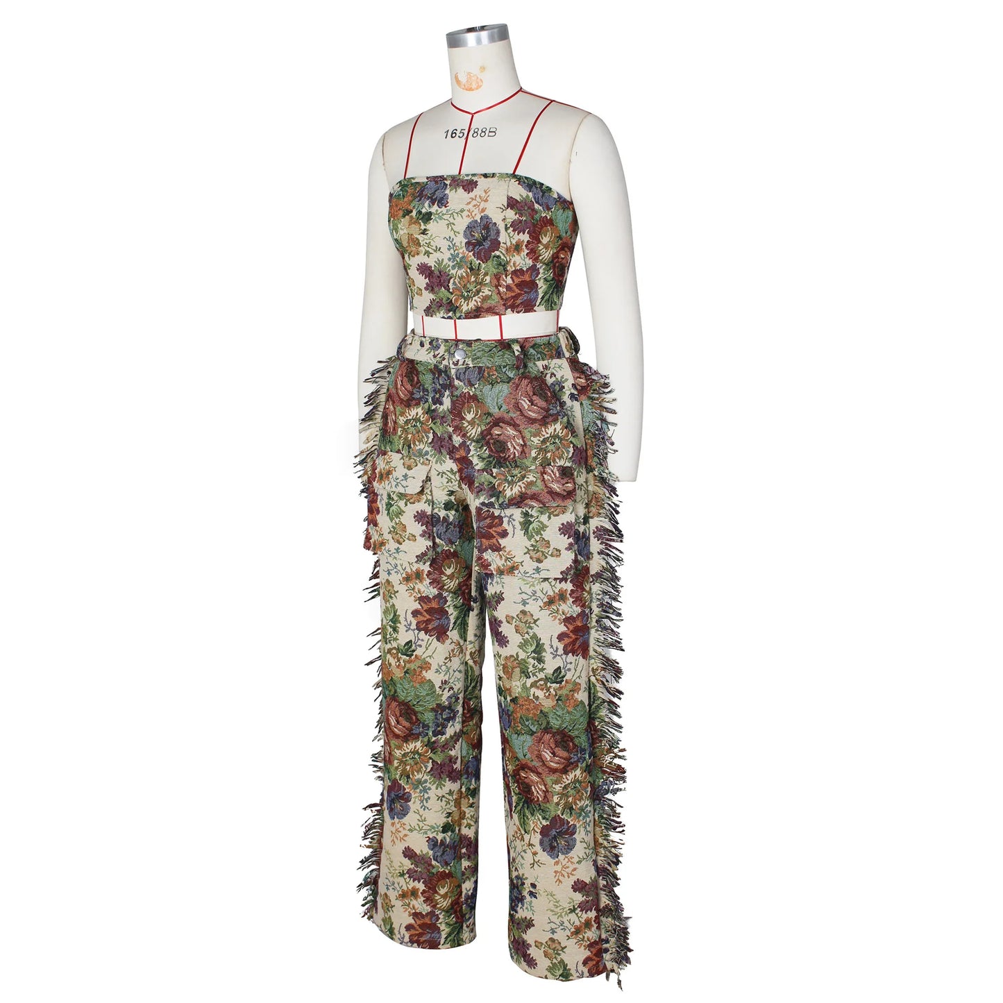 CM.YAYA Fashion Print Women's Set Strapless Top and Wide Leg tassel Pants Summer Cargo Street Two 2 Piece Set Outfit Tracksuit