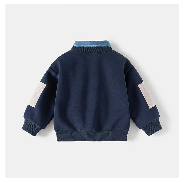 Spring Children Clothes Sweatshirt for Boys Denim Collar Fleece Pullover with Patch Pocket Casual Kids Top Long Sleeve T-shirt