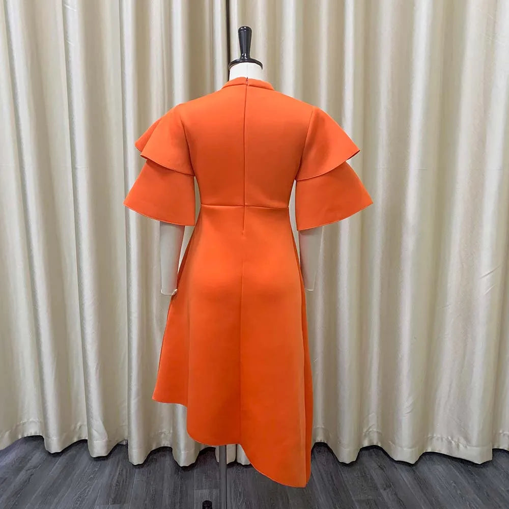 Elegant Party Dresses for Woman 2024 New O Neck Ruffles Sleeve High Waisted Asymmetric Mid Calf Luxury Birthday Dinner Vestidos
