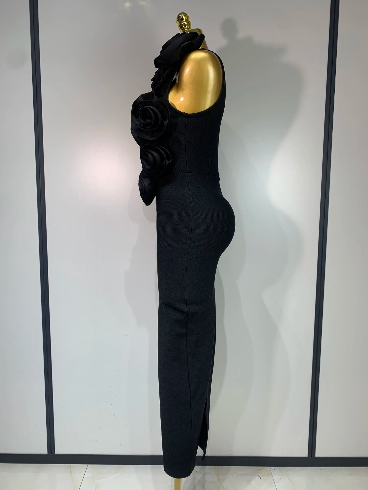 Mode Schwarz 3D Blumen Bodycon Langes Bandage Kleid Celebrity Elegantes Party Geburtstagskleid Damen Ärmellose Sexy Vestidos